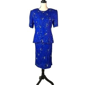 Stenay 2 Piece Set Skirt Blouse Beaded Silk Blue Sequin Size 8 Dress Set VINTAGE